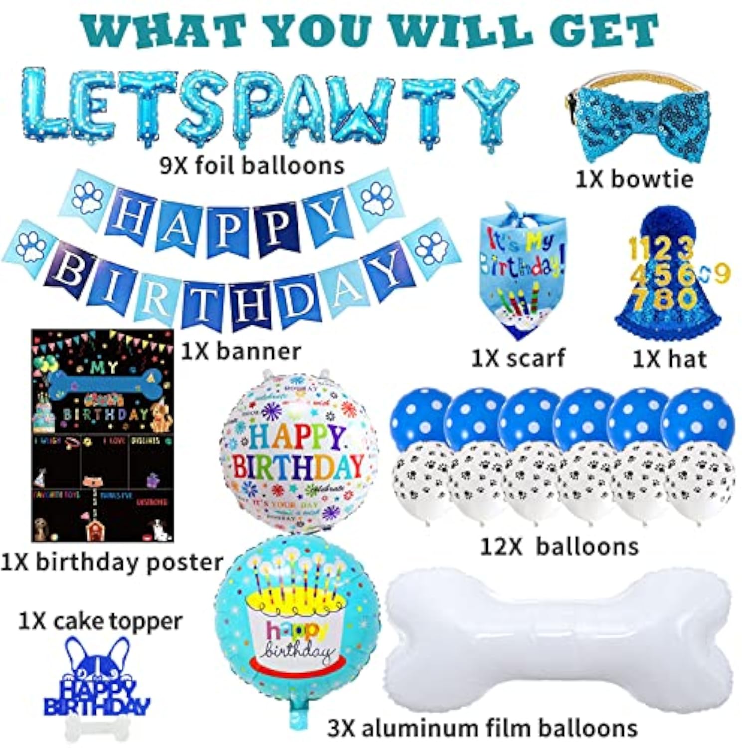 Boy Dog Birthday Party Decoration Set: Hat, Bandana, Bowtie, Banner, Balloons