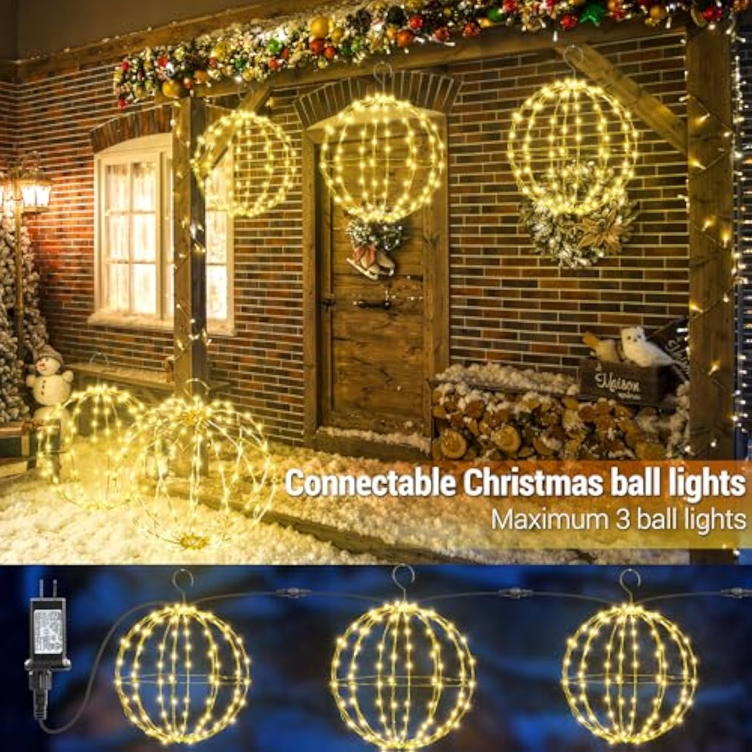 Set Of 2 Christmas Hanging Ball Lights - 2 Sizes Of Connectable Hanging Tree Globe Fairy Lights With 8 Lighting Modes,Timing Function Waterproof Indoor Outdoor (Warm White)
