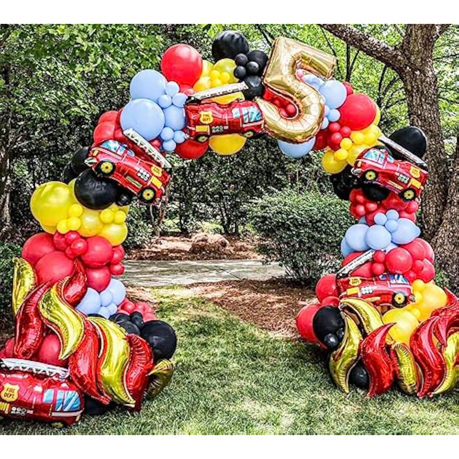 Fire Balloon Garland Arch Kit, 144Pcs Red Yellow Chrome Gold Balloons With Fire Truck Foil Balloons For Fireman Party Supplies Birthday Firefighter Rescue Themed Party Decoration (Fire)