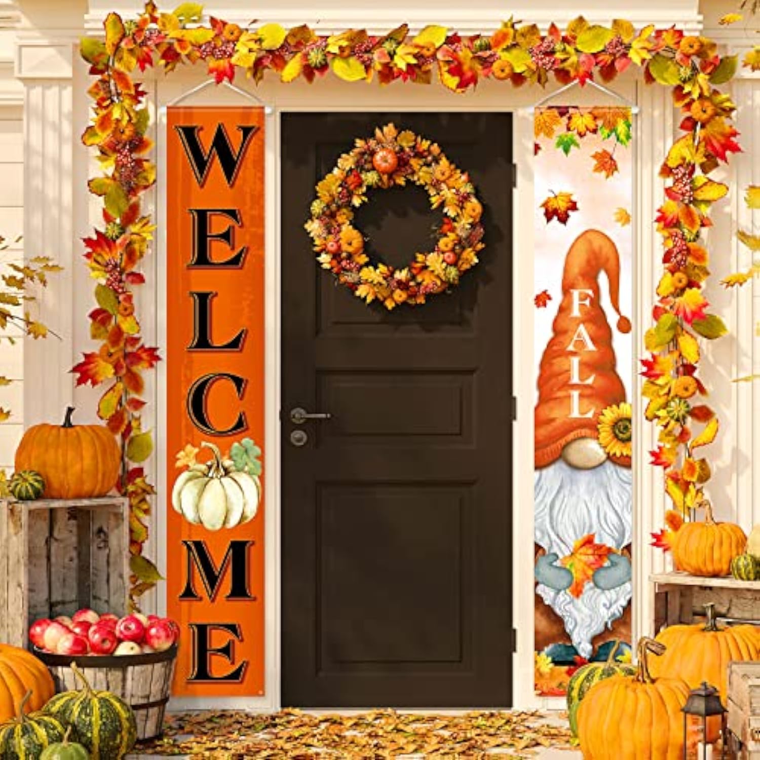 Welcome Fall Porch Banners Autumn Harvest Door Banner With Pumpkin Maple Leaves Gnome Pattern Thanksgiving Hanging Banners Autumn Home Decorations For Fall Indoor Outdoor Home Yard Wall Supplies