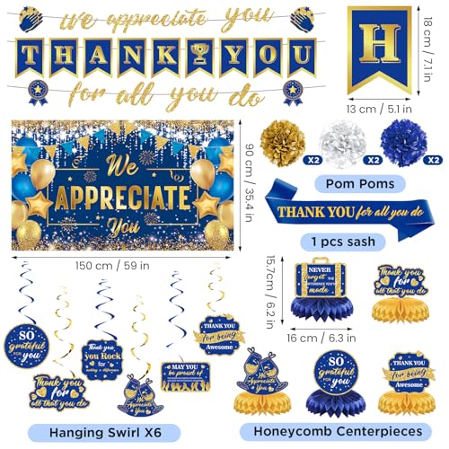 We Appreciate You Decorations Blue Gold Thank You for All You Do Banner Honeycomb Centerpieces Hanging Swirls Employee Staff Appreciation Gift Pastor Teacher Doctor Retirement Appreciation Party Decor