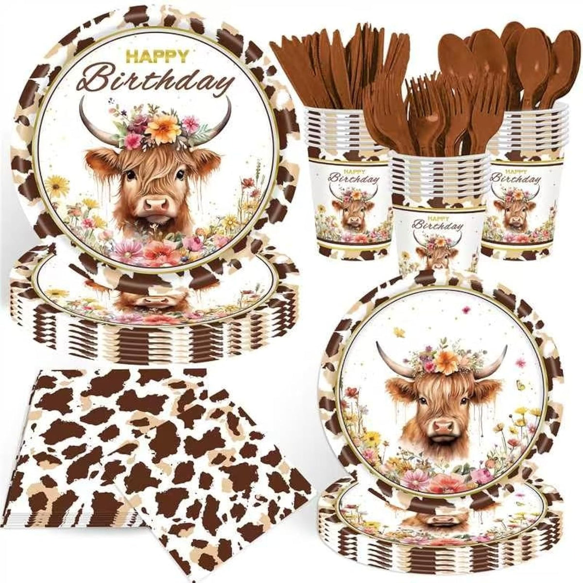 140 Pcs Highland Cow Birthday Party Supplies Holy Cow Highland Themed Baby Shower Birthday Party Decorations Disposable Tableware Set Plates Napkins Cups Serves 20
