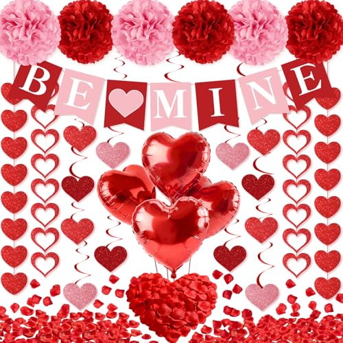 Valentines Day Decorations, Valentines Banner, Love Heart Garlands, Hanging Swirls, Red Heart Balloons and Rose Petals for Valentines Wedding Engagement Anniversary Romantic Party