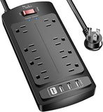 Surge Protector Power Strip with 8 Outlets 4 USB Ports 2700J 6FT Flat Plug Extension Cord Black