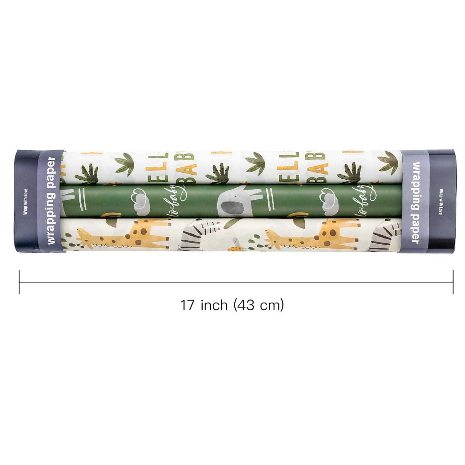 Kraft Baby Shower Wrapping Paper - Mini Roll - 3 Rolls - 17 Inch X 120 Inch - Jungle Animal Wrapping Ppaer For Neutral Baby Shower, Kids Boys Girls Birthday