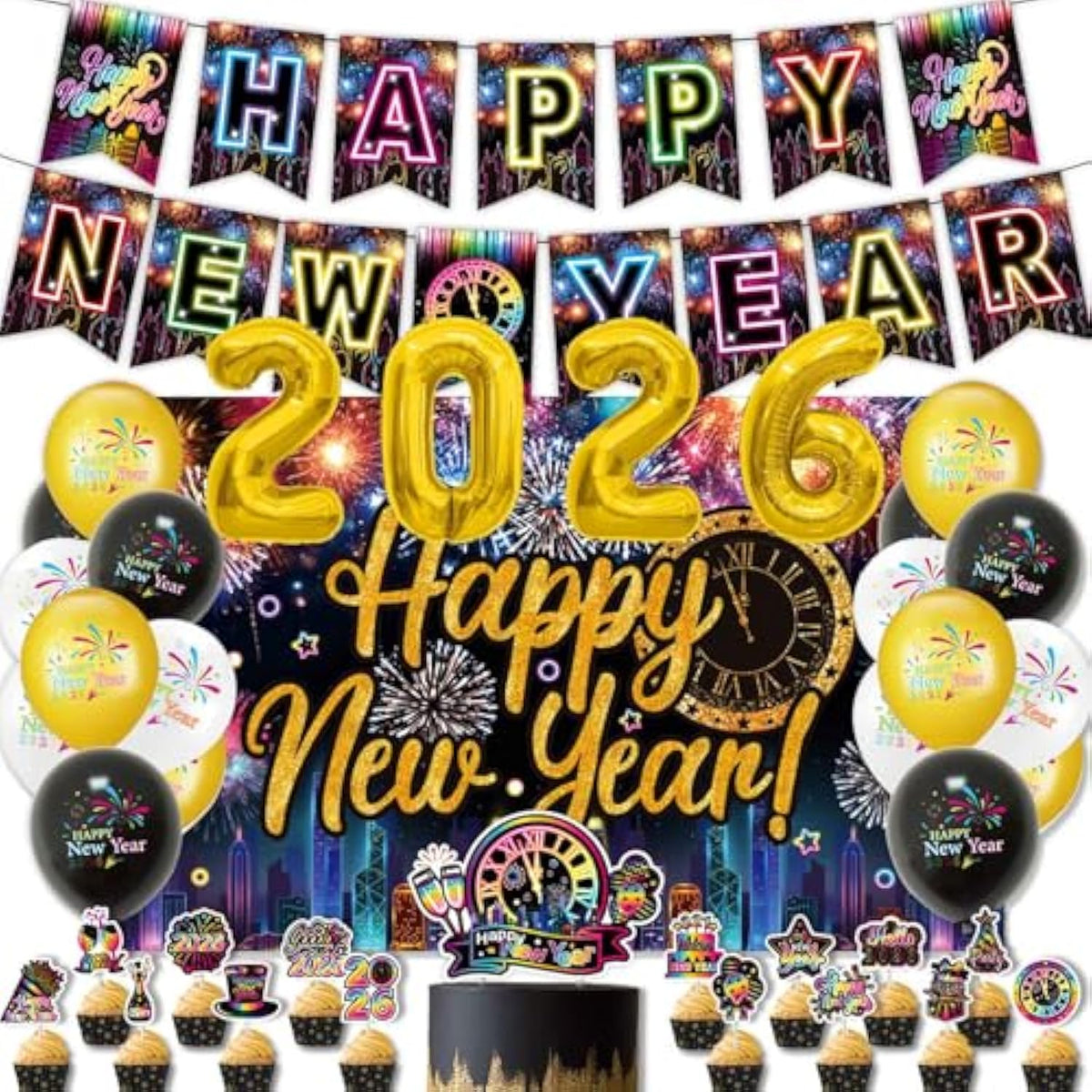 2026 Neon New Year Party Kit with Rainbow Banner, Foil Balloons, and Cake Toppers