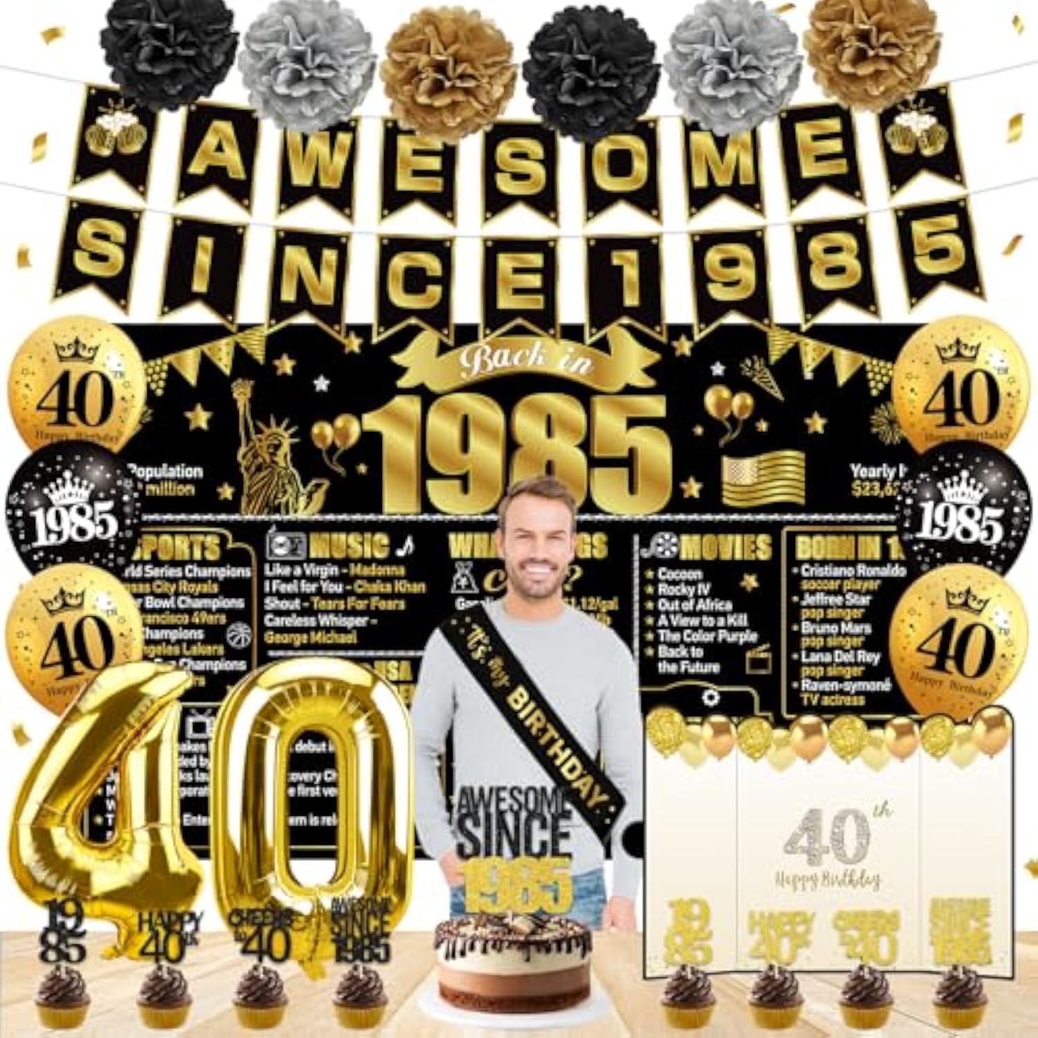40Th Birthday Decorations For Men Women, Black Gold Awesome Since 1985 Banner Backdrop Happy 40Th Birthday Signature Guest Book Number 40 Balloon Cheers To 40 Years Old Sash Cake Topper Party Supplies