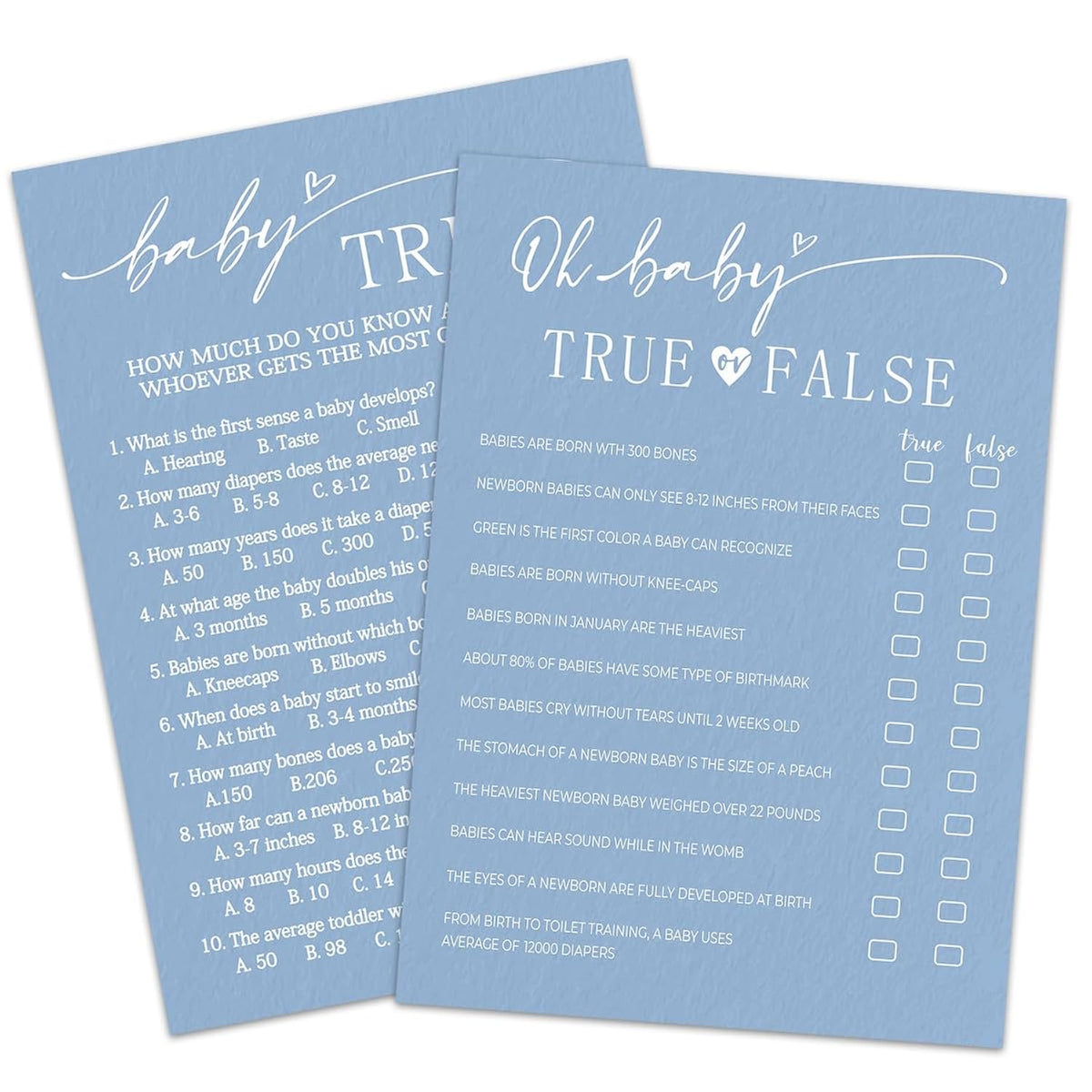 30 Pcs Baby Shower Game Cards & 1 Pcs Answer Card - True Or False & Baby Trivia - Minimalism Blue Double-Sided Game Gender Reveal,Announcement Party Supplies - B04
