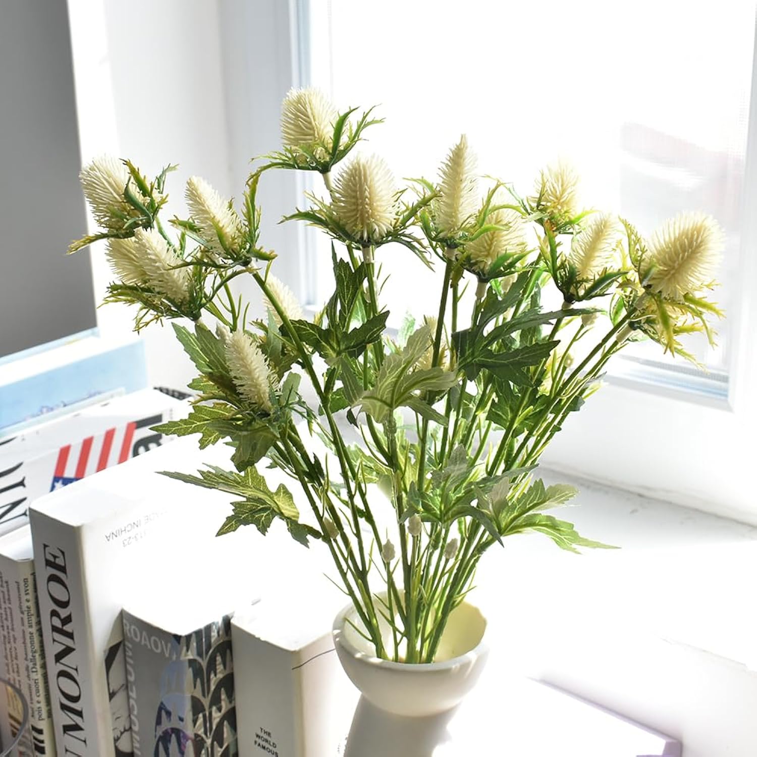 Artificial Thistle Spray Eryngium Flowers 2Pcs Artificial Real Touch Eryngium Artificial Sea Holly Flowers For Wedding Bridal Bouquet Wreath Table Centerpiece Outdoor Decor (White)