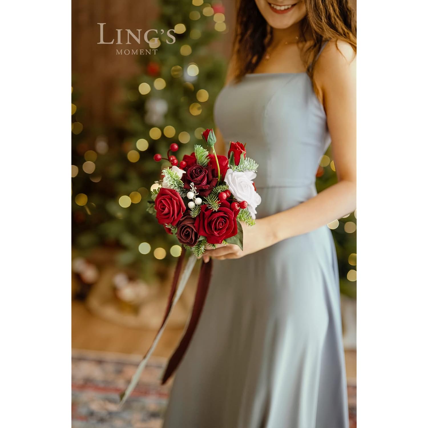 Artificial Bridesmaid Bouquets Set Of 4,Red Wedding Flower Bouquets Floral Bouquet Christmas Bridal Bouquets With Ribbon,Ceremony,Anniversary,7-Inch Diameter