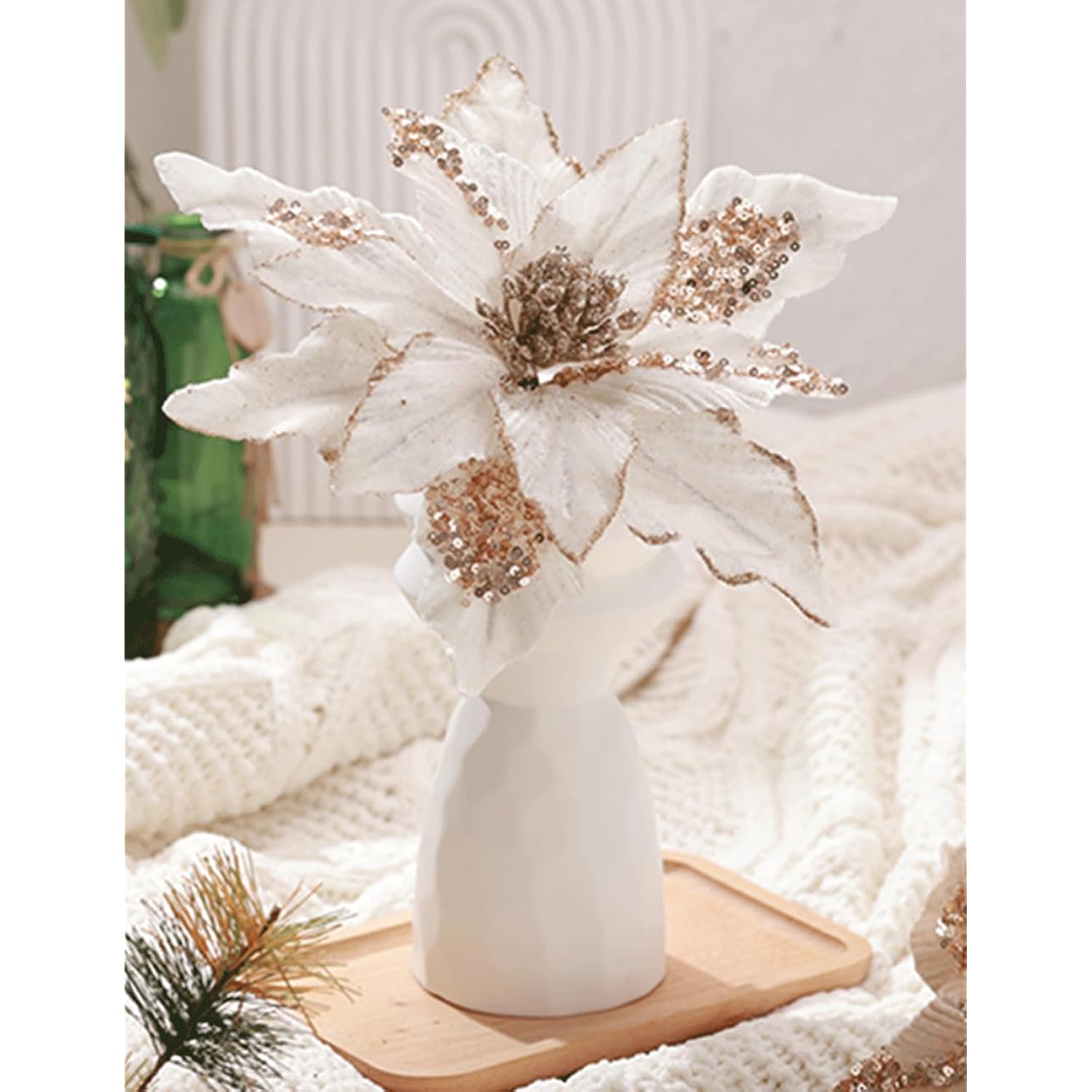 Pack Of 6 Glitter Poinsettia Flower 11 Inches Large Artificial Christmas Flower Decoration Christmas Tree Ornaments Wreath Garland Decoration (Green)