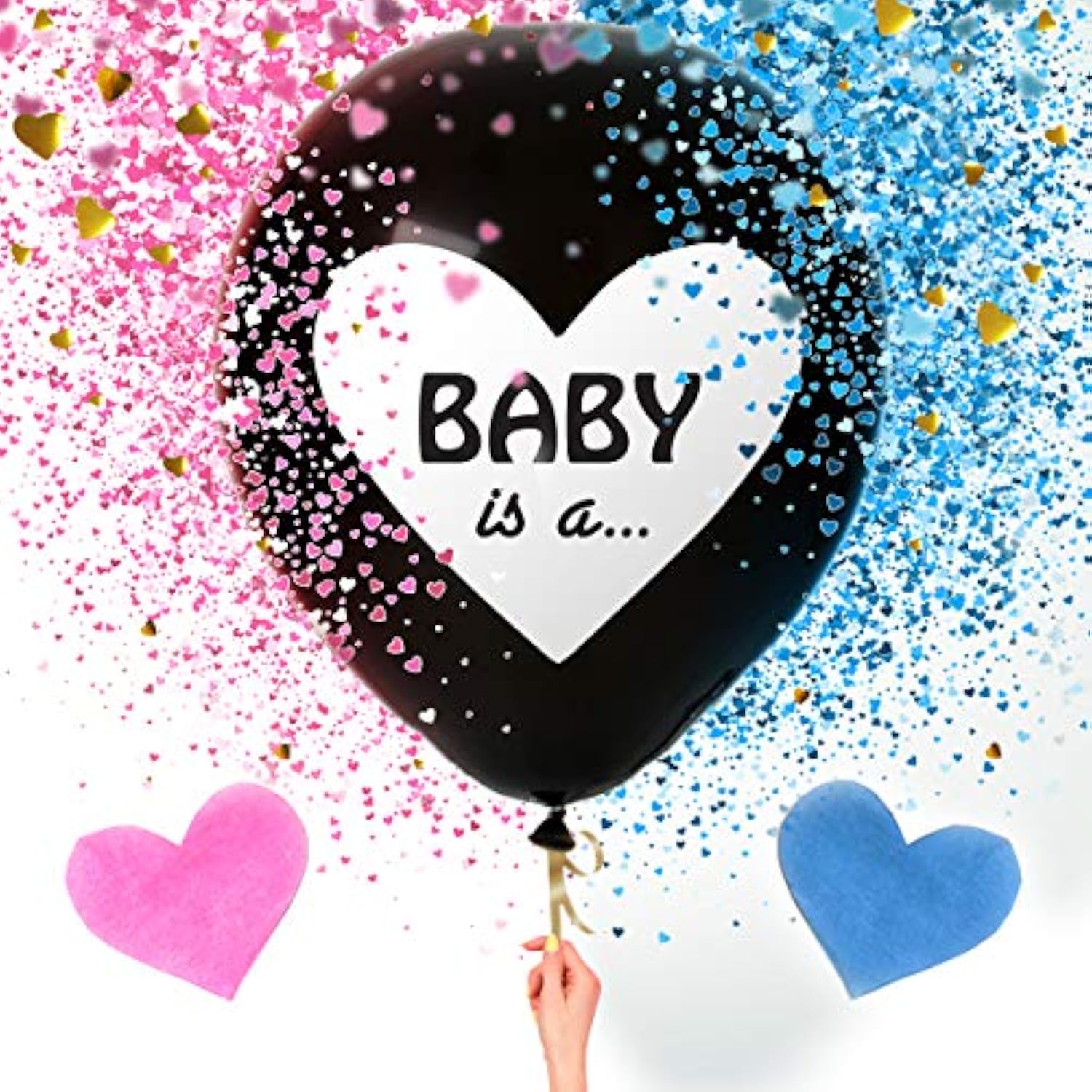 Sweet Baby Co. Jumbo 36 Inch Baby Gender Reveal Balloon | Big Black Balloons With Pink And Blue Heart Shape Confetti Packs For Boy Or Girl | Baby Shower Gender Reveal Party Supplies Decoration Kit