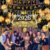 New Year 2026 Party Banner Backdrop Balloons and Hanging Swirls
