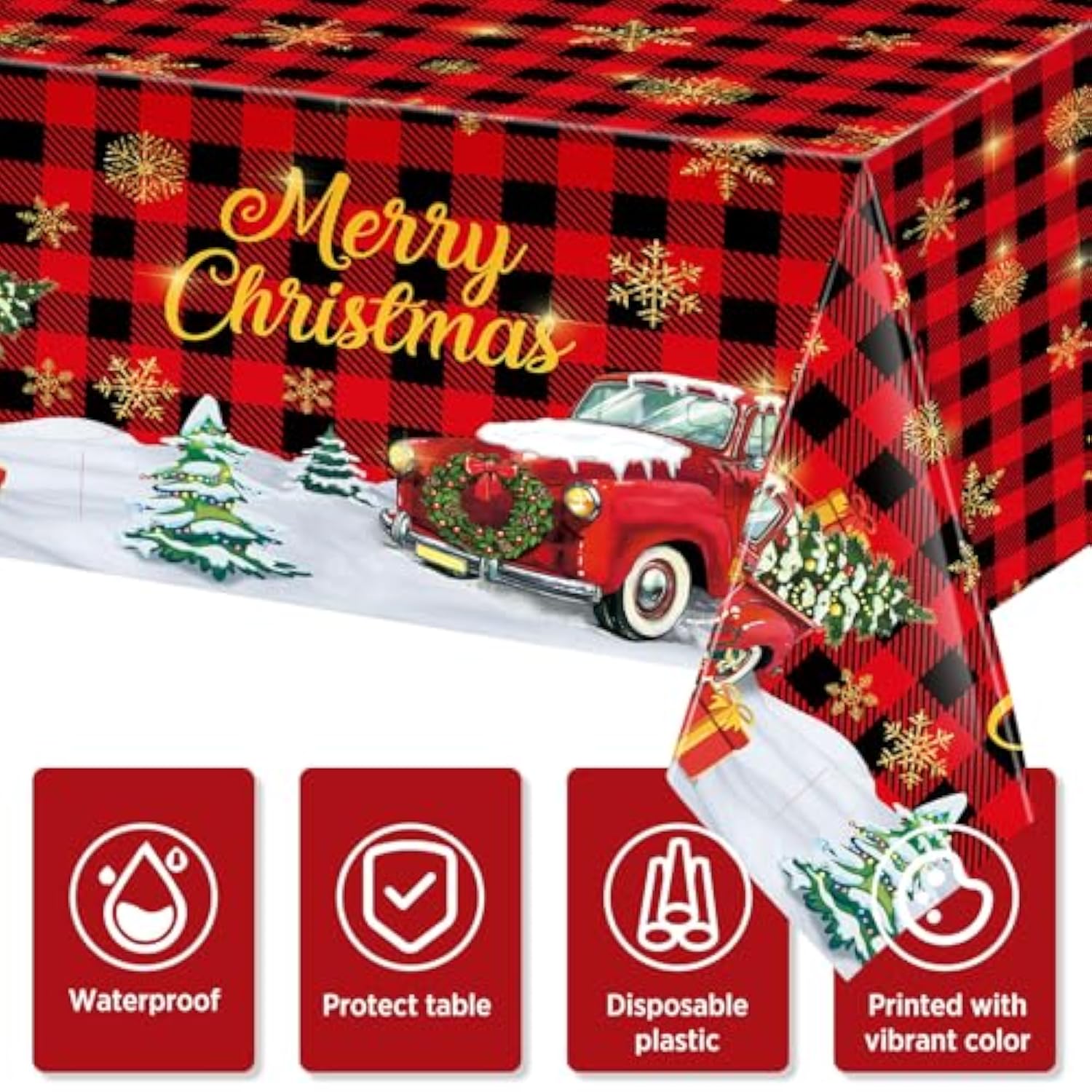 3 Pack Christmas Red Truck Tablecloths Decor Plastic Xmas Party Table Covers Retro Merry Christmas Tree Farm Print Party Supplies Xmas Winter Holiday B'Day Party Decor, 54''X108'' (Plaid)