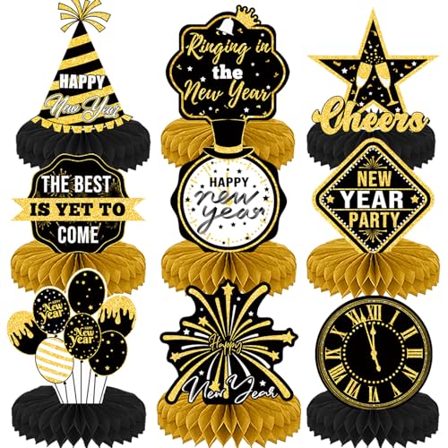 Black Gold New Years Eve Party Supplies Happy New Year Table Centerpieces for New Years Eve Party Decorations, 9 Pcs