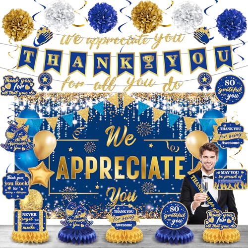 We Appreciate You Decorations Blue Gold Thank You for All You Do Banner Honeycomb Centerpieces Hanging Swirls Employee Staff Appreciation Gift Pastor Teacher Doctor Retirement Appreciation Party Decor