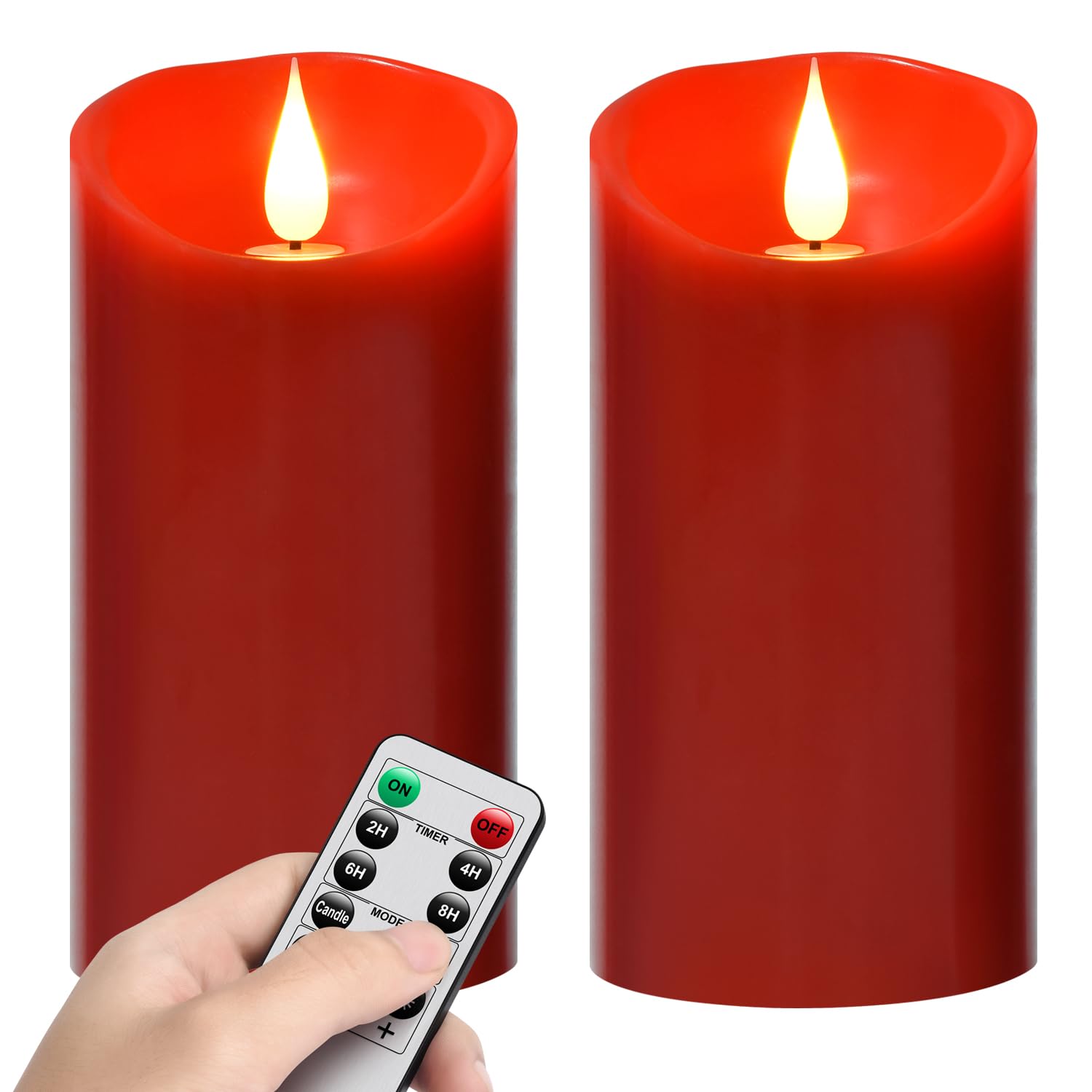 Flameless Battery Operated Flicking Candles:Remote Control Realistic Wax Pillar Led Candle With 10-Key Cycling 24 Hours Timer For Home Decoration Wedding Birthday Party Ivory 2Pack Red