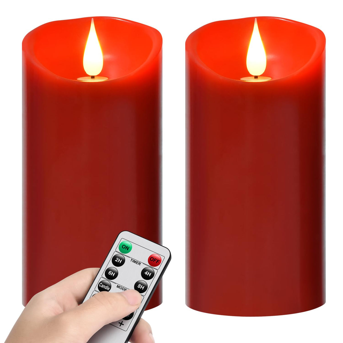 Flameless Battery Operated Flicking Candles:Remote Control Realistic Wax Pillar Led Candle With 10-Key Cycling 24 Hours Timer For Home Decoration Wedding Birthday Party Ivory 2Pack Red
