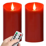 Flameless Battery Operated Flicking Candles:Remote Control Realistic Wax Pillar Led Candle With 10-Key Cycling 24 Hours Timer For Home Decoration Wedding Birthday Party Ivory 2Pack Red