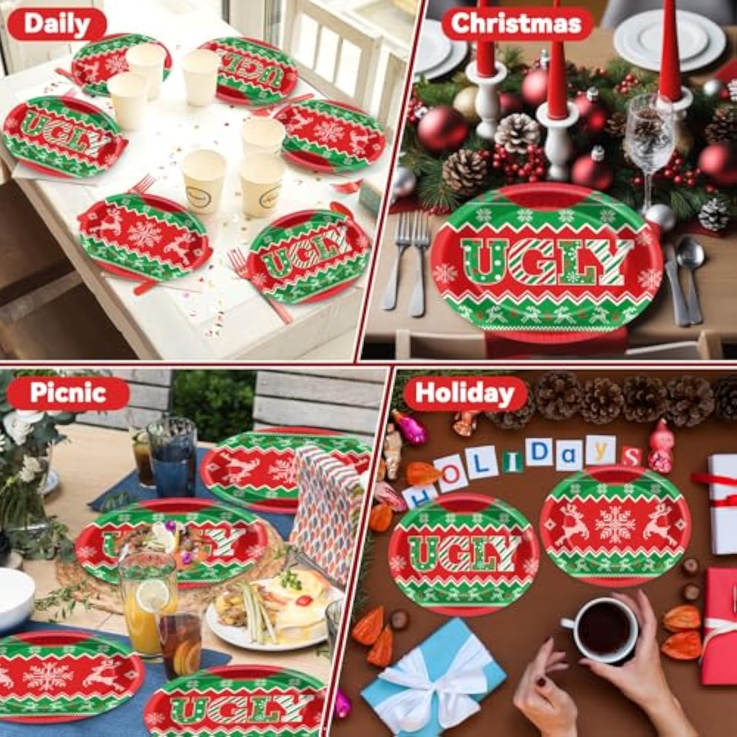 50Pcs Christmas Ugly Sweater Oval Plates 11 Inch Merry Christmas Ugly Sweater Tableware Set Disposable Xmas Tacky Sweater Dinnerware For Xmas Party Home Winter Holiday Decor Supplies