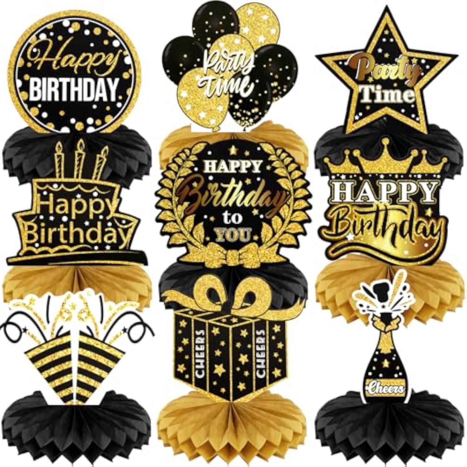 9 Pcs Happy Birthday Party Table Decorations | Black And Gold Birthday Center Pieces For Table | Birthday Honeycomb Table Centerpieces | Reusable Birthday Table Toppers For Girls Boys Women Men