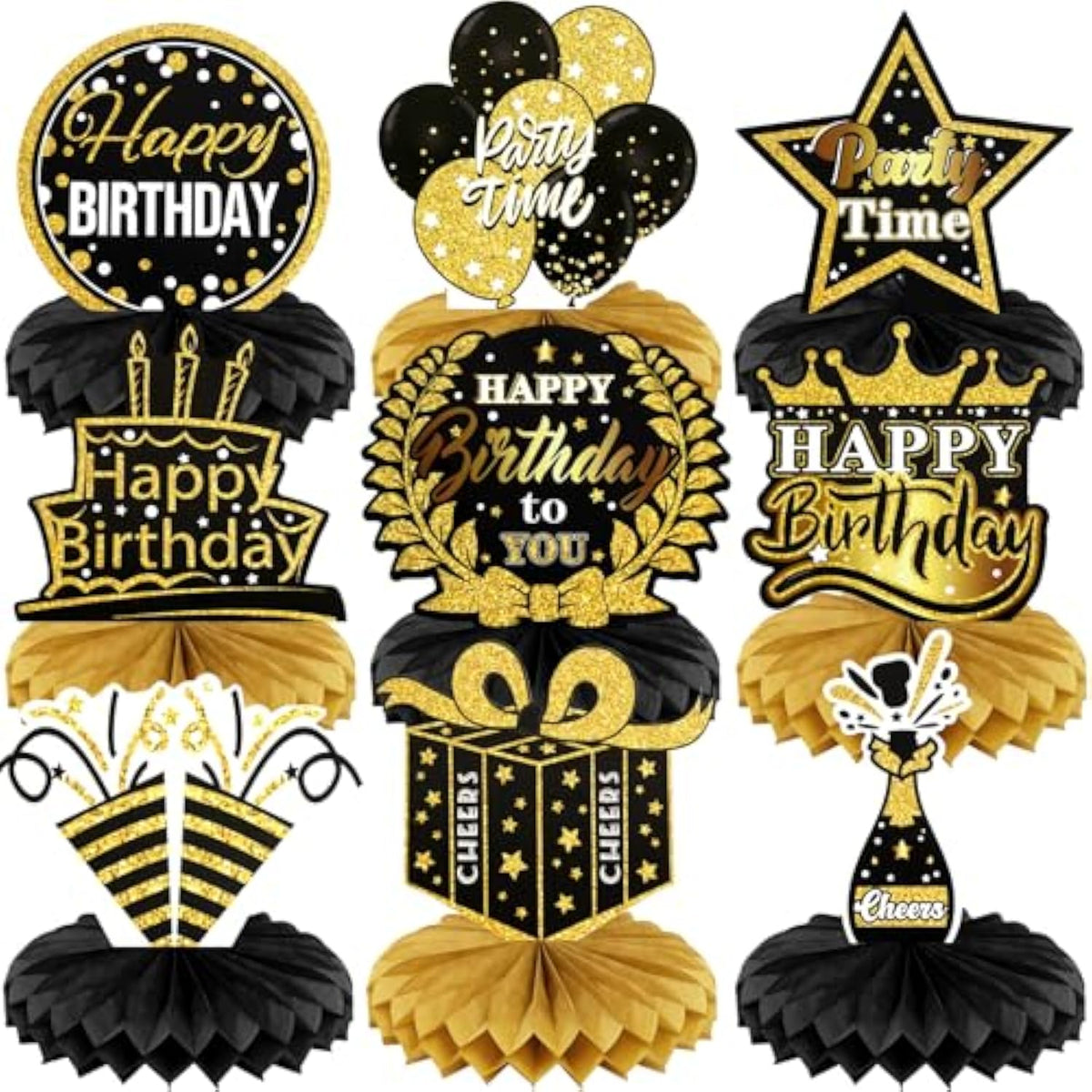 9 Pcs Happy Birthday Party Table Decorations | Black And Gold Birthday Center Pieces For Table | Birthday Honeycomb Table Centerpieces | Reusable Birthday Table Toppers For Girls Boys Women Men