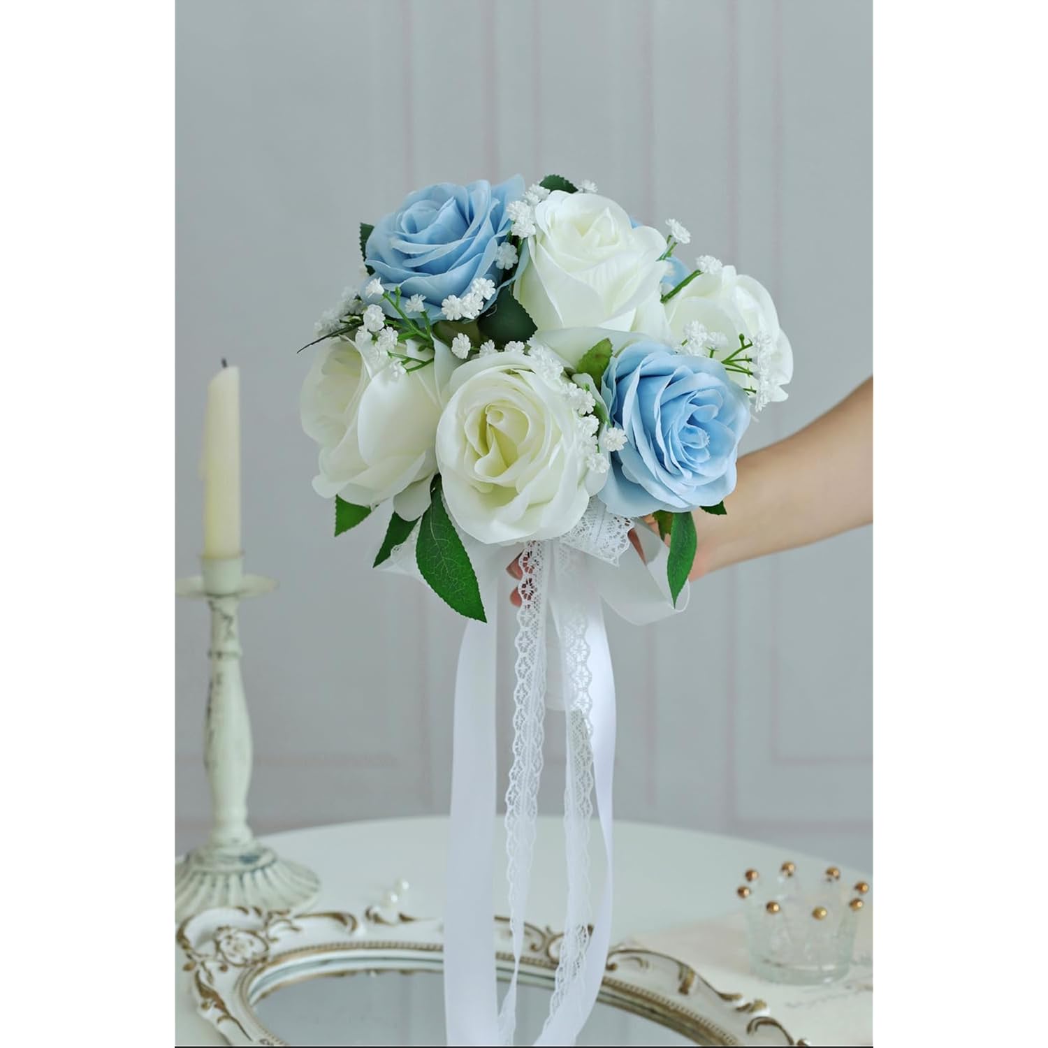 Dusty Blue Wedding Bouquets For Bride Bridesmaid, 7 Inch Baby'S Breath Ivory Artificial Roses Flowers Bridal Bouquets For Wedding Decor, Ceremony, Anniversary, Homecoming, Etc.