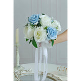 Dusty Blue Wedding Bouquets For Bride Bridesmaid, 7 Inch Baby'S Breath Ivory Artificial Roses Flowers Bridal Bouquets For Wedding Decor, Ceremony, Anniversary, Homecoming, Etc.