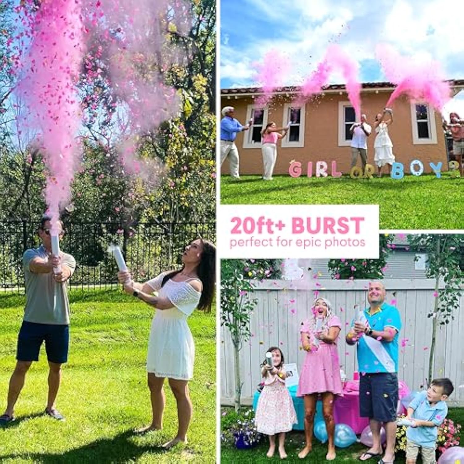 Gender Reveal Confetti Cannon - Biodegradable Powder & Heart Shaped Confetti Poppers - Pink, 4 Pack - Baby Girl Gender Reveal Smoke Bombs Party Poppers Cannons Shooters