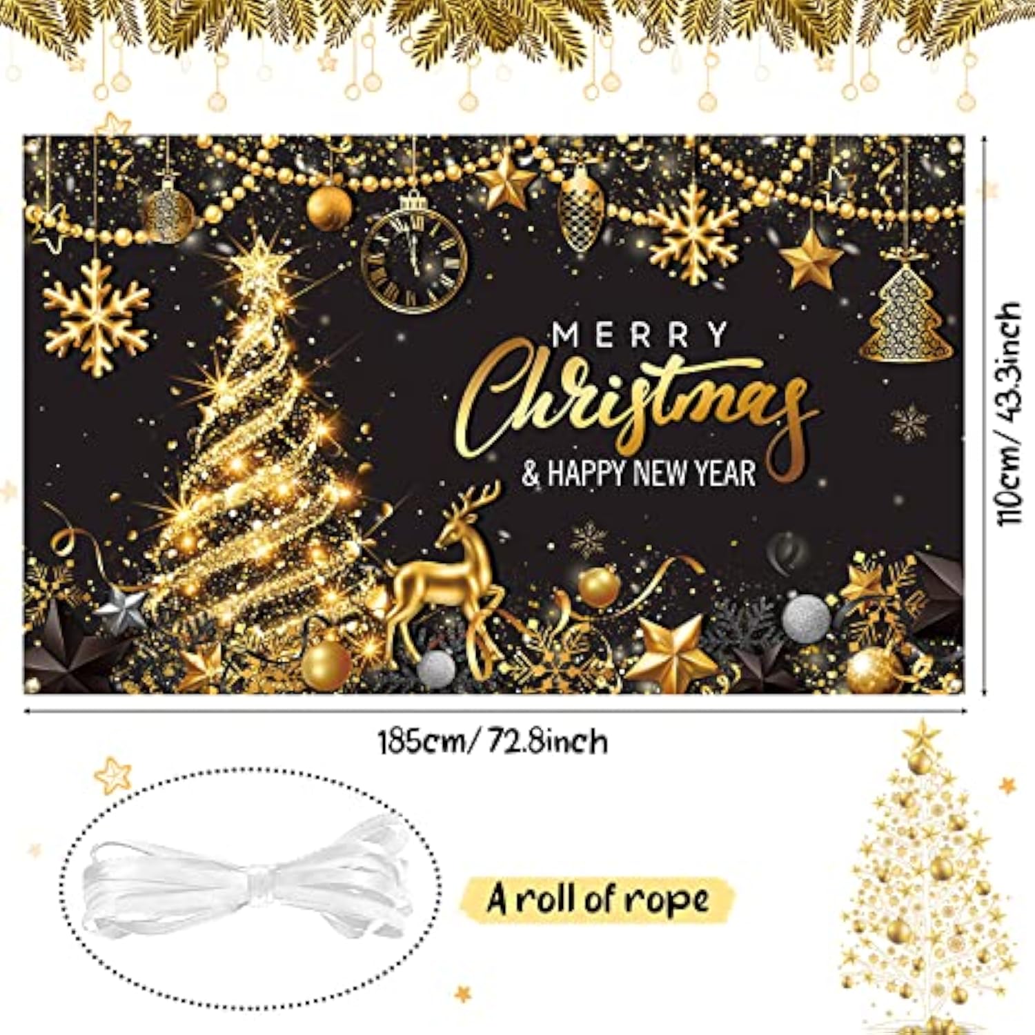 Merry Christmas Party Backdrop 72.8x43.3in Black & Gold Banner