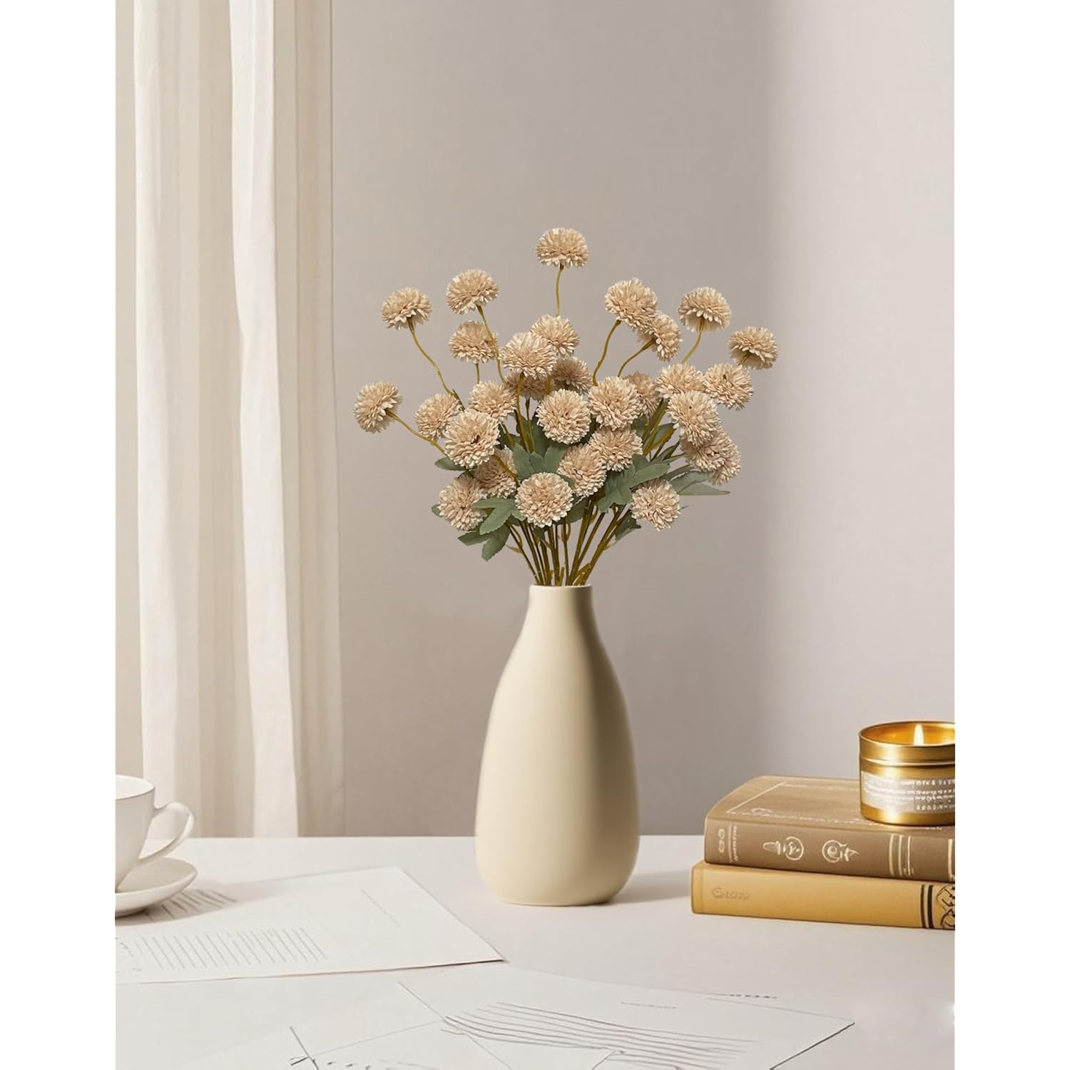 Artificial Flowers Faux Mums 6Pcs, Long Stem Faux Flowers For Vase, Artificial Chrysanthemums Kiku Flower Floral Stems For Home Decor, Baby Shower, Beige