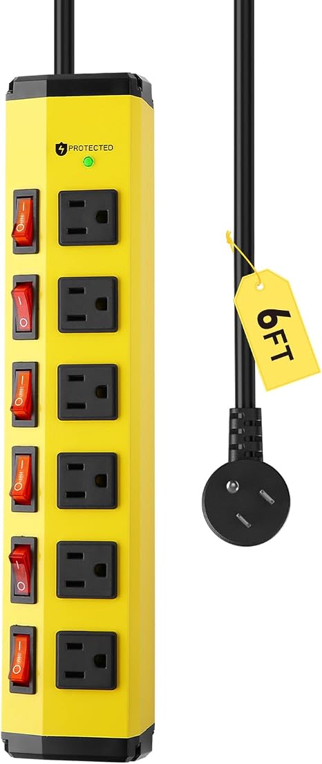 Heavy Duty Metal Surge Protector Power Strip 6 Outlets Individual Switches 1200J 6FT 14AWG Flat Plug
