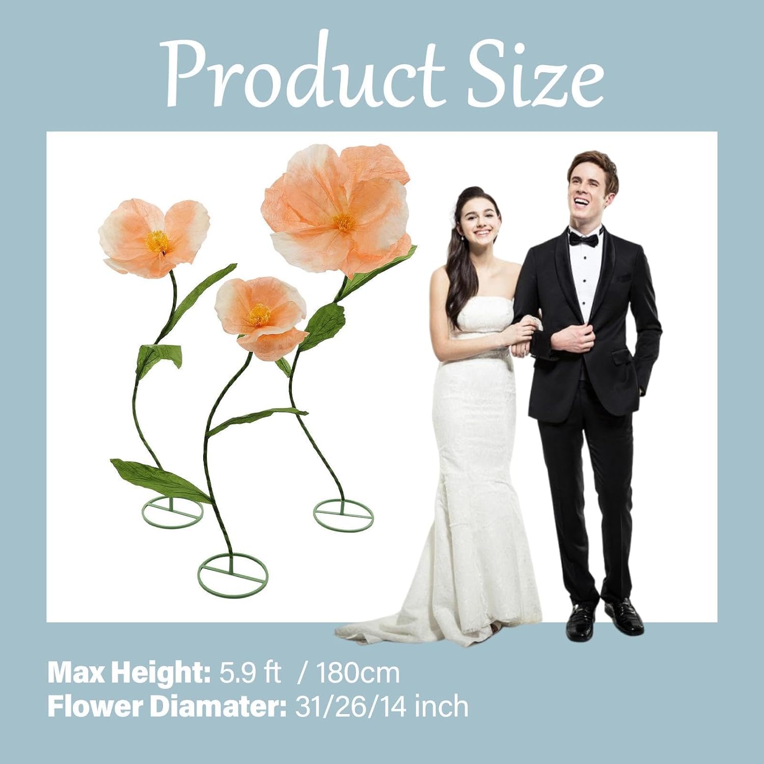 3Pcs Giant Artificial Flower Poppy Floor Standing 4.6Ft / 5.2Ft /5.9 Ft, Adjustable For Wedding Decoration Reception, Background Backdrop Photo Props, Shop Window (Pink)