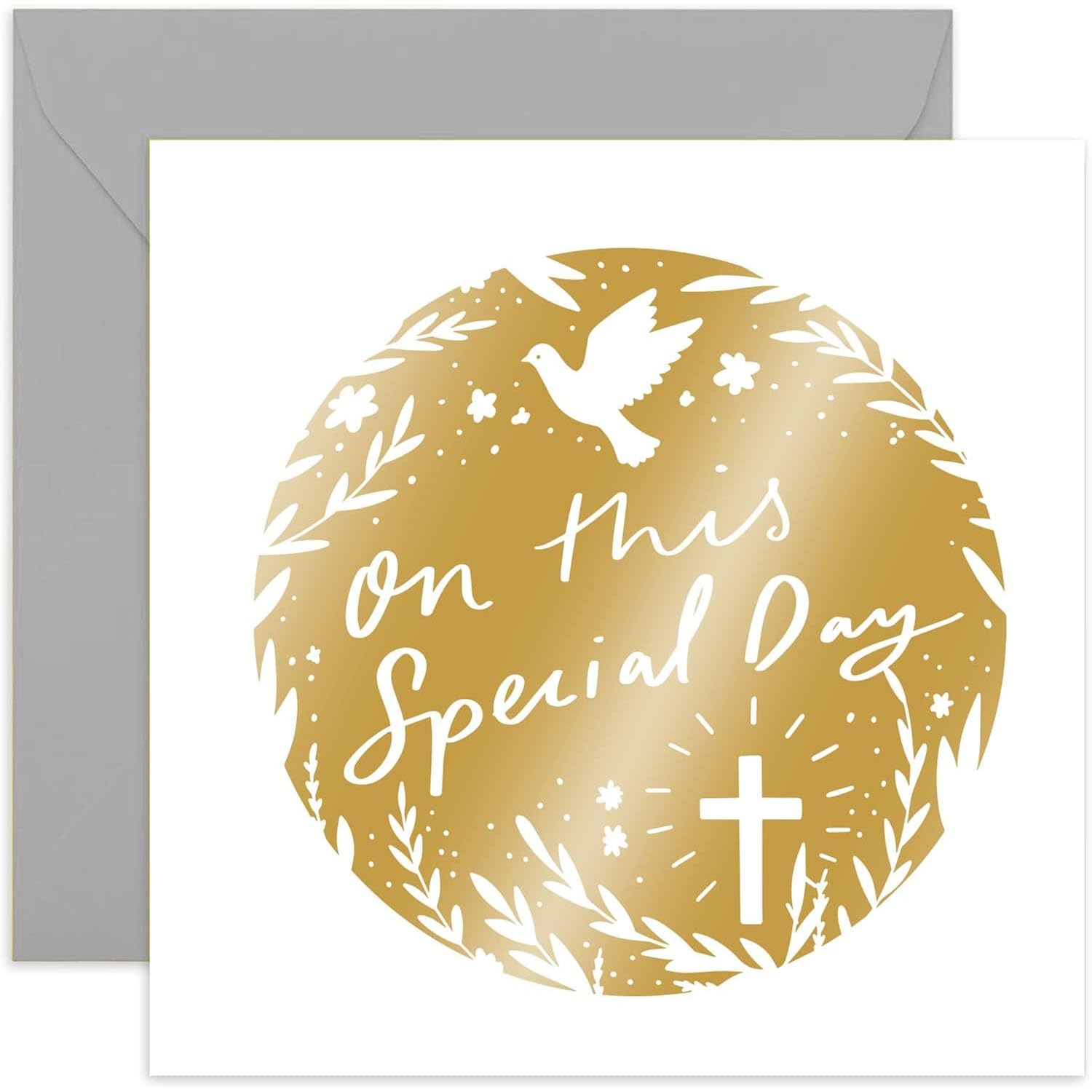 Old English Co. Gold Special Day Card - Floral Dove Cross Design Greeting Card For Baptism, Christening, Easter, First Holy Communion - Religious Faith Celebration Card | Blank Inside With Envelope