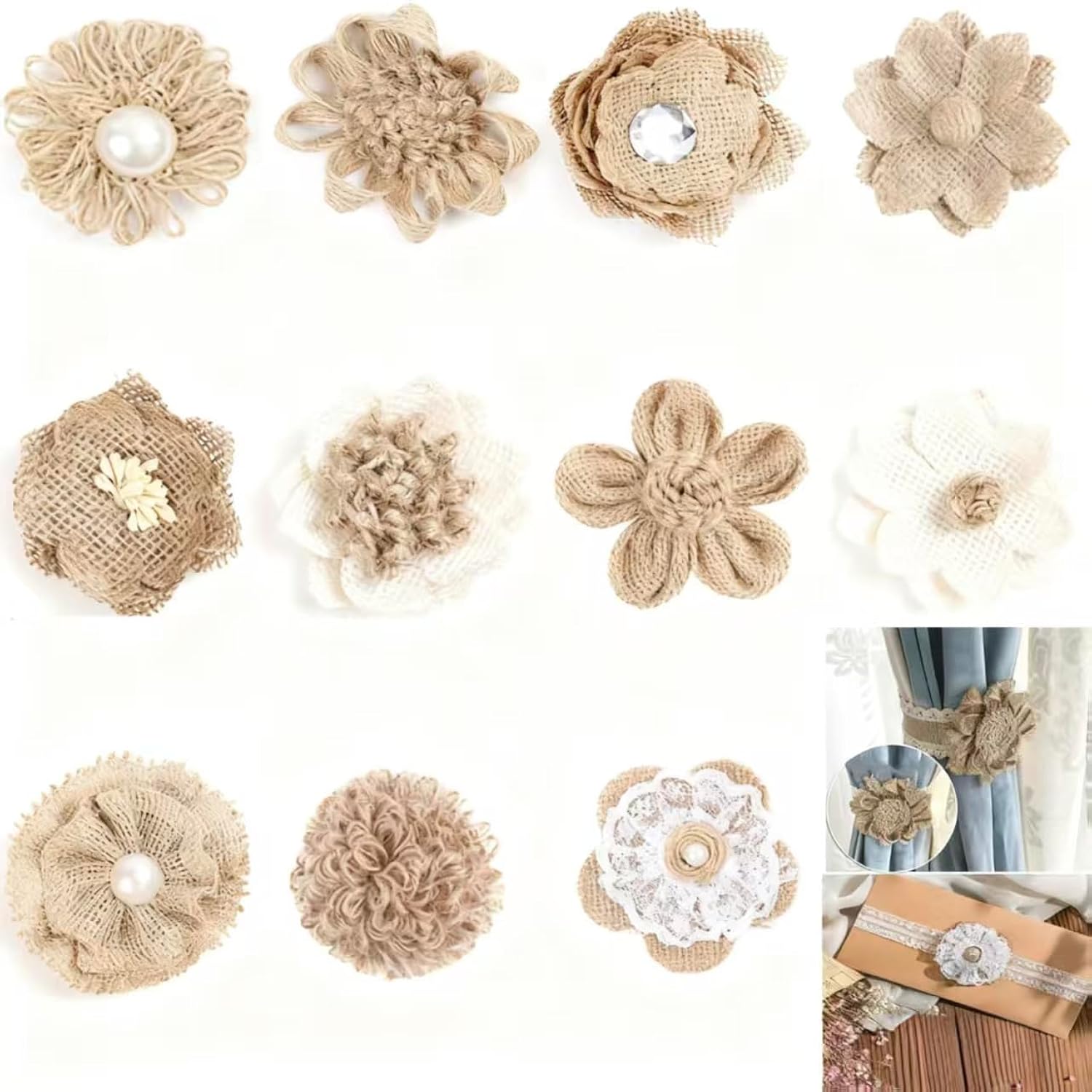 11 Pcs Handmade Natural Burlap Flowers, 11 Styles Handmade Rustic Flower For Diy Handmade Crafts, Home Embellishment, Wedding, Christmas, Party Decoration