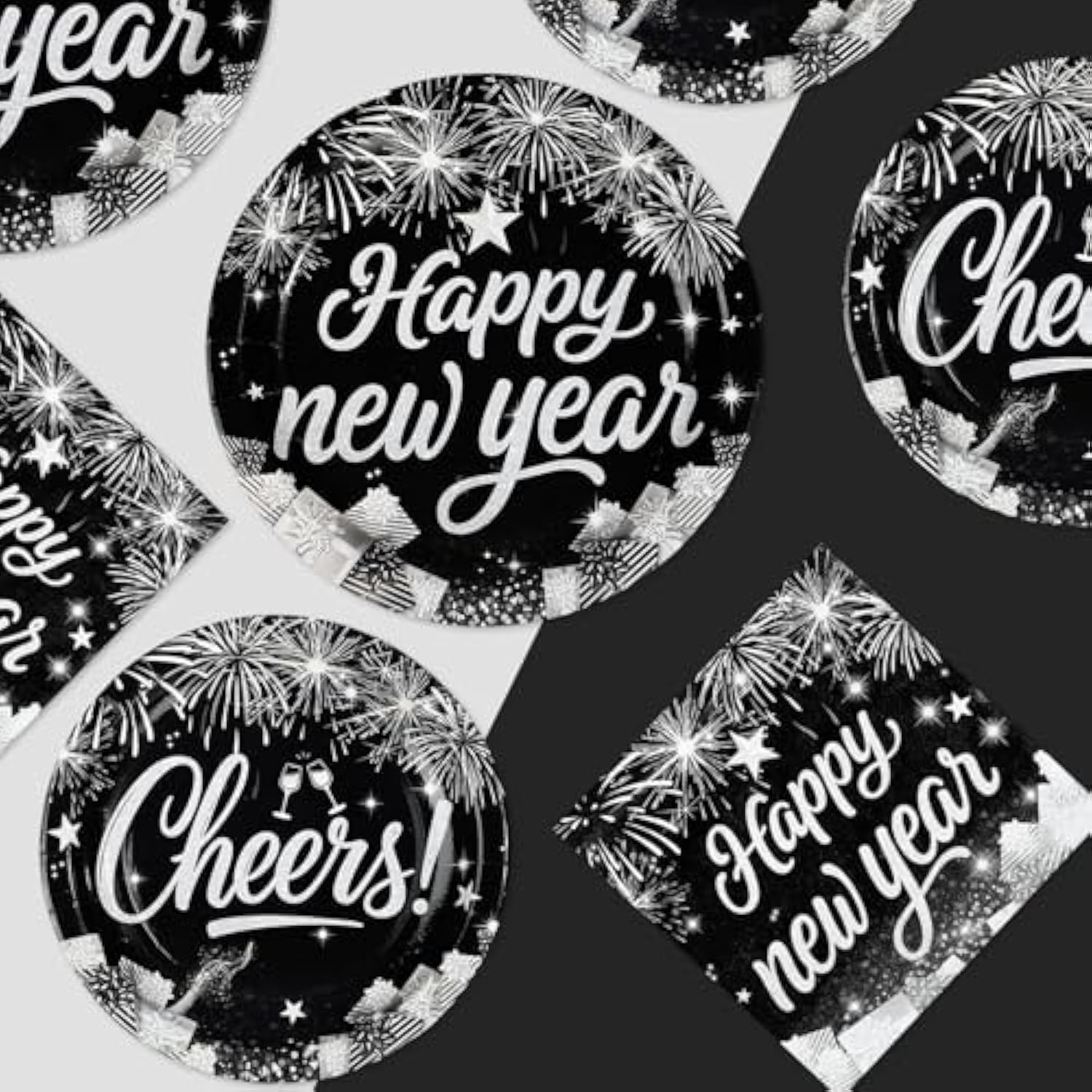 200Pcs Happy New Year Party Decorations Black And Silver Plates And Napkins Disposable Black Silver Glitter Tableware Sets For New Years Eve 2026 Holiday Festive Party Supplies Serves 50