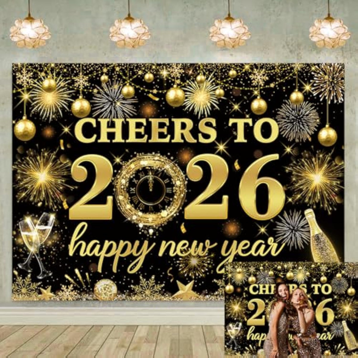 Cheers to 2026 Black Gold New Year Backdrop 7x5 ft for Party Photo Decor
