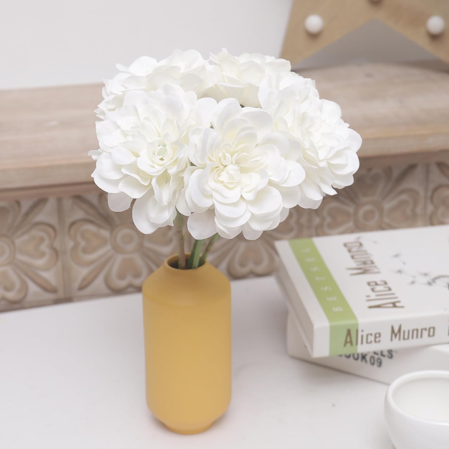 4Pcs Peonies Artificial White Flowers, Dahlia Faux Floral, Silk Fake Flower Bouquet With Stems, Fake White Flowers Artificial For Decoration Home Wedding Arrangement