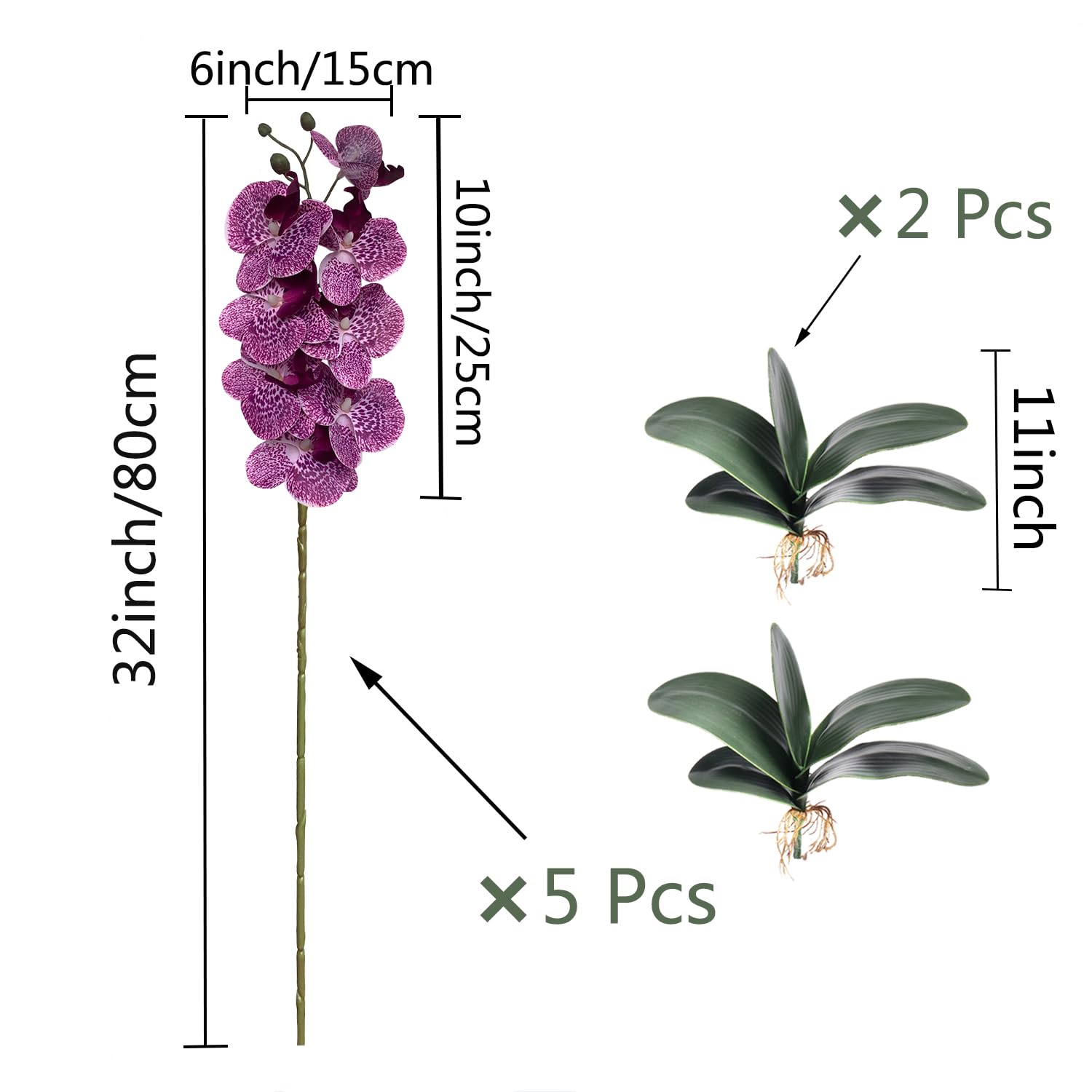5 Pcs Artificial Orchid Flowers And 2 Bundles Leaves,Artificial Phalaenopsis Flowers 32 Inch Stem Plants For Home Wedding Decoration (Purple Spots)