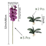 5 Pcs Artificial Orchid Flowers And 2 Bundles Leaves,Artificial Phalaenopsis Flowers 32 Inch Stem Plants For Home Wedding Decoration (Purple Spots)