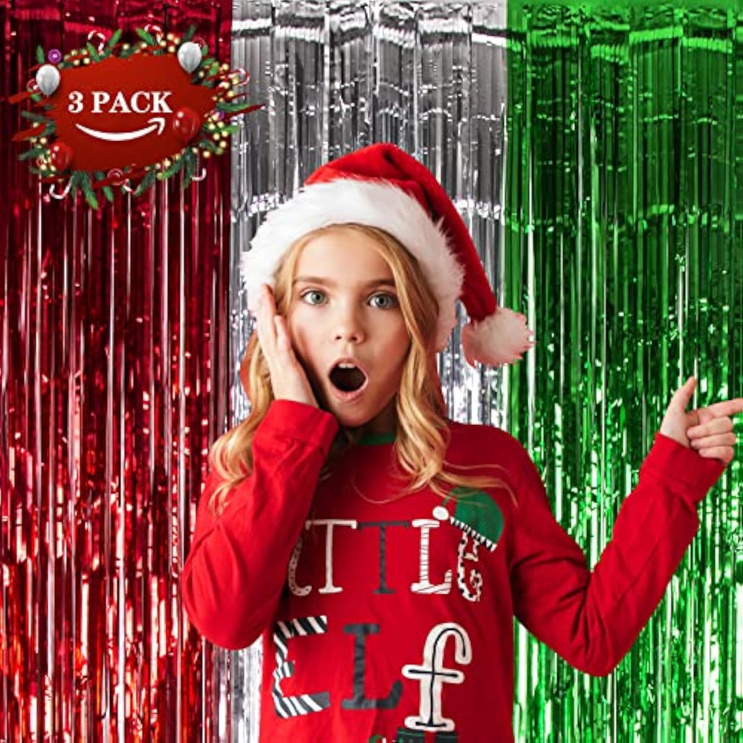 3-Pack Red Silver Green Foil Fringe Curtains 3.3x6.6 ft for Christmas and Party Decor