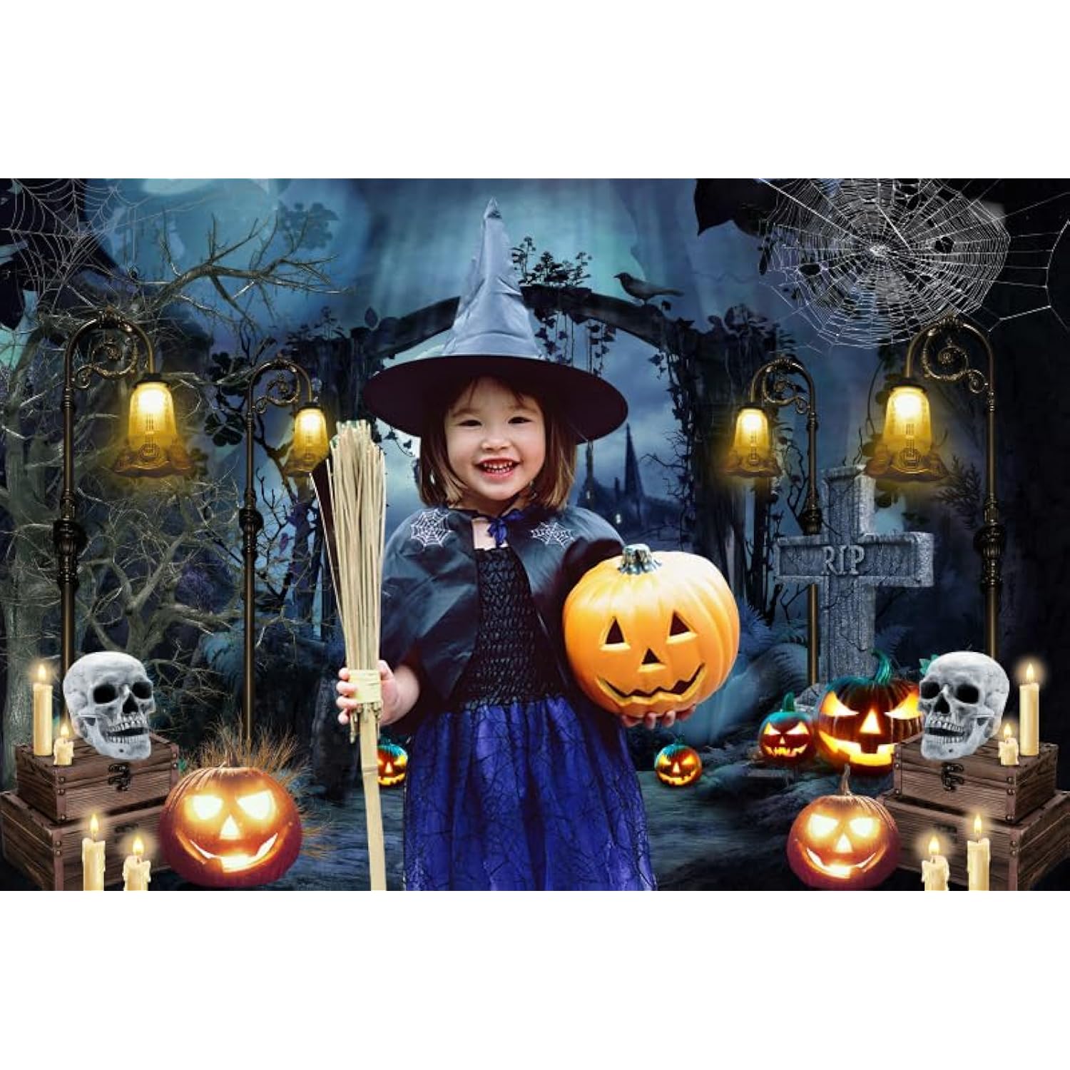 Halloween Backdrop 7x5ft Graveyard Gate Skeleton Pumpkin Full Moon Cemetery Banner Party Decoration