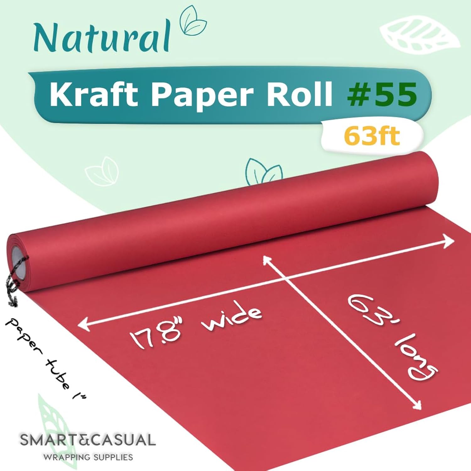 17.8" X 760" (63') Red Kraft Craft Paper Roll For Gift Wrapping Bulletin Board Bouquet Flower Kids Art Packing Parcel Table Covering 80Gsm 55Lb (Red, 17.8" X 63')