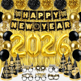 Black Gold New Year 2026 Party Set with Banner, Hats, Glasses & Balloons