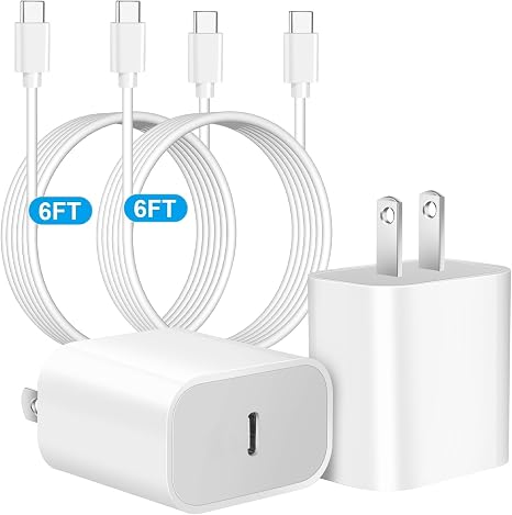 2 Pack 20W USB C Fast Wall Charger with 6FT USB C Cable for iPhone 17 16 15
