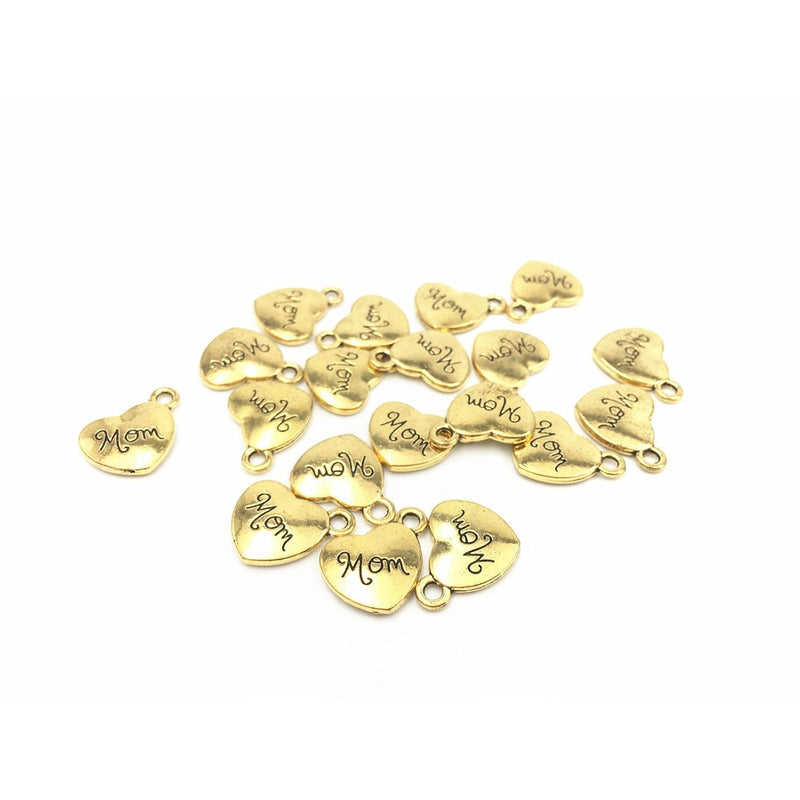 Mini Love Heart "Mom" Pack Of 40 Diy Gold Charms Pendant For Crafting, Jewelry