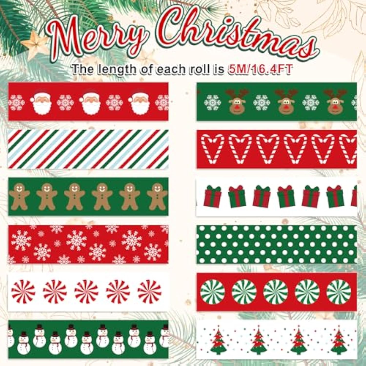 12 Rolls Christmas Washi Tape Red Green Xmas Tree Snowman Santa Candy Cane Decorative Masking Tape For Scrapbook Journal Diy Art Craft Gift Wrapping