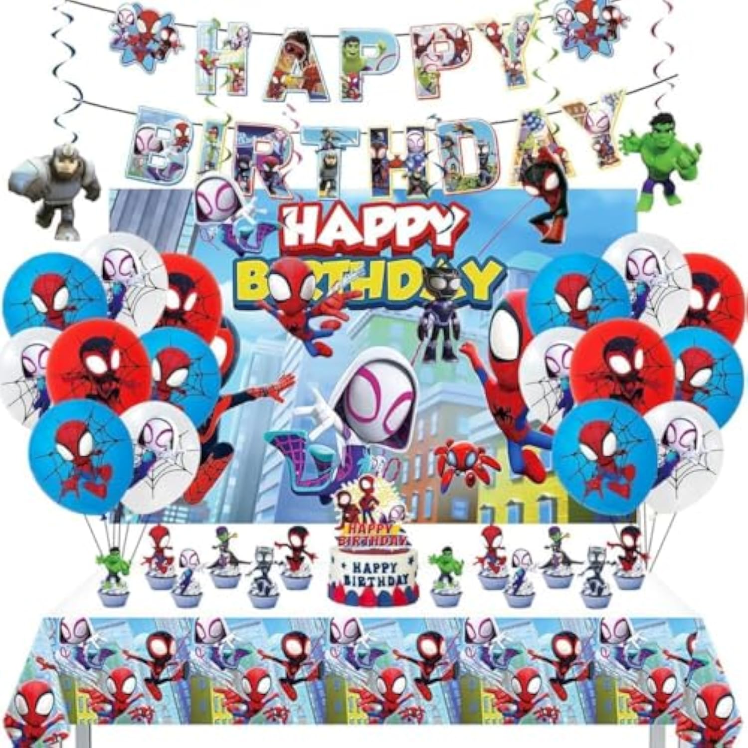 Cartoon Spidey-Themed Birthday Party Supplies. These Decorations Include "Happy Birthday" Banners, Tableware, Tablecloths, Balloons, Large And Small Skewers, And Party-Themed Decoration Sets.