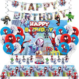 Cartoon Spidey-Themed Birthday Party Supplies. These Decorations Include "Happy Birthday" Banners, Tableware, Tablecloths, Balloons, Large And Small Skewers, And Party-Themed Decoration Sets.