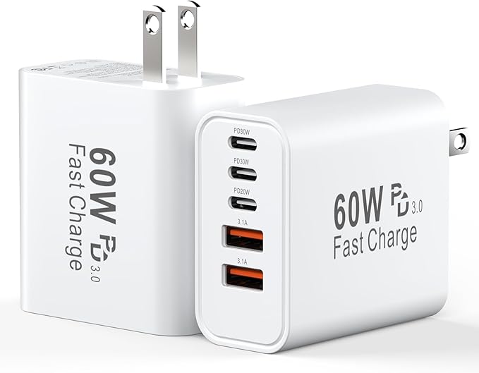 60W 5 Port USB C Fast Wall Charger Block for iPhone 17 16 15 iPad Samsung Galaxy